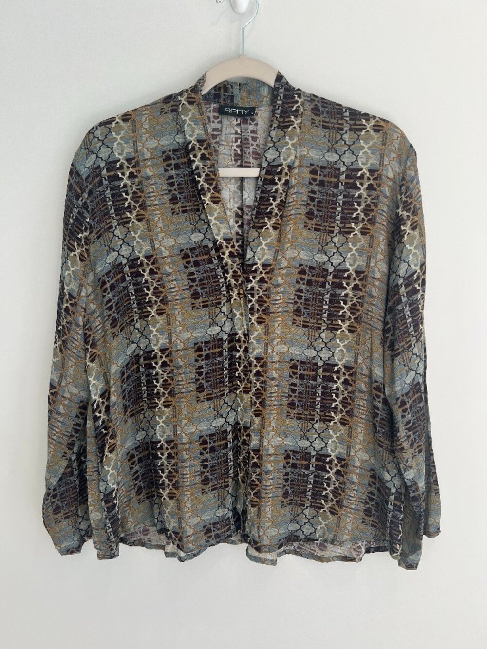 APNY Neutral Plaid Lattice Lightweight Long Sleeve Blouse Size L Casual